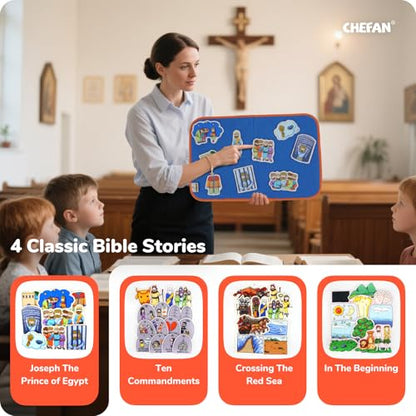 CHEFAN 4 Pack Felt Board Bible Stories Set, Flannel Board Stories, Nativity Flannel Graph Bible Toy for Kids, Include Joseph The Prince of Egypt, In The Beginning,Ten Commandments,Crossing The Red Sea - color: Joseph the Prince of Egypt & Other 3 Bible St
