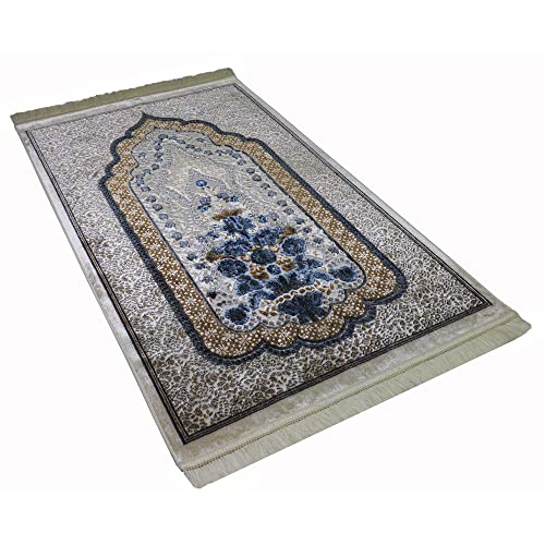 Modefa Turkish Islamic Velvet Prayer Rug - Prayer Mat Carpet for Men and Women - Traditional Muslim Janamaz Sajada - Ramadan or Eid Gift - with Car Hanger - Luxury Winter Rose (Brown/Blue) - color: Brown / Blue