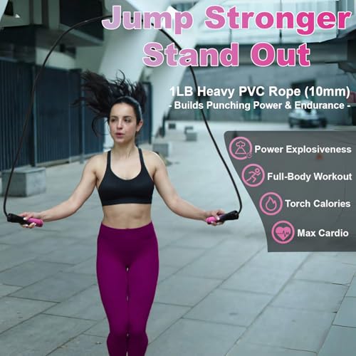 Weighted Jump Rope, 1LB Tangle-Free Ball Bearing Rapid Speed Skipping Rope for Men Women, Adjustable 9mm Cotton & PVC Rope with Alum Handle for Boxing MMA Weight-Loss Athletic Workout Fitness - color: Gradient Pink & Black