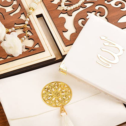 BABY SHOWER CHOCOLATE Prayer Rug Islamic Gift Set, Velvet Prayer Mat, Prayer Beads, Scarf and Yaseen Book, Perfect Family and Muslim Eid Gifts (White) - color: White