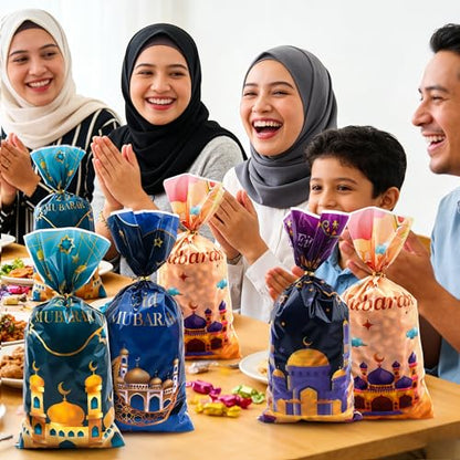 Eid Mubarak Gift Bags, Eid Goodie Bags, Ramadan Goodie Bags, Eid Mubarak Plastic Cellophane Treat Bags Candy Cookie Snack Goody Bag with Ties for Islamic Muslim Eid Mubarak Party Favor Supplies, 50Pcs