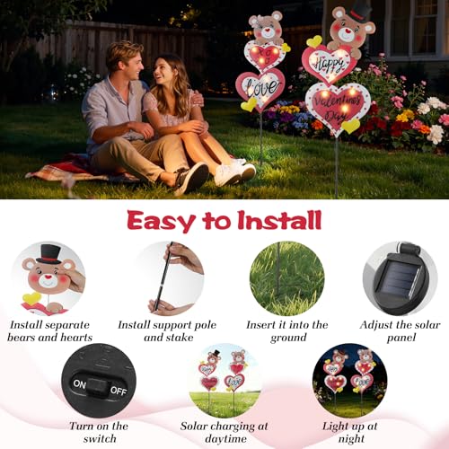Lewondr 2 Pcs Valentine's Day Decorations Outdoor, Metal Solar Pathway Lights, Love Bear Decorative Garden Stakes Lights with 12 LED Beads, Waterproof Yard Signs for Porch Lawn Wedding Anniversary - style: Heart and Bear