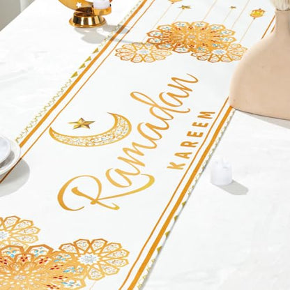 Eid Mubarak Table Runner Decorations,White and Gold Ramadan Mosque Lattern Happy Holiday Kitchen Dining Table Decor for Home Party Supplies 13 x 72 Inch