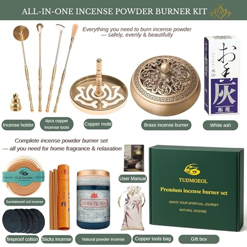 Powder Incense Burner Kit with Brass Censer, Incense Ash Tools and Mold Press Set, Complete Gift Box for Meditation, Yoga and Home Relaxation - color: Copper