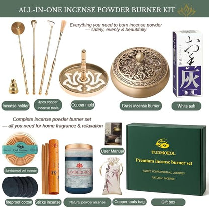 Powder Incense Burner Kit with Brass Censer, Incense Ash Tools and Mold Press Set, Complete Gift Box for Meditation, Yoga and Home Relaxation - color: Copper