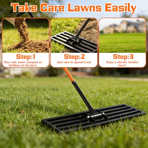 COZEER 30" x 10" Lawn Leveling Rake, Heavy Duty Stainless Steel Leveler Tool with 78" Adjustable Handle, Garden Yard Lawn Care for Garden, Golf Course, Farm and Pasture