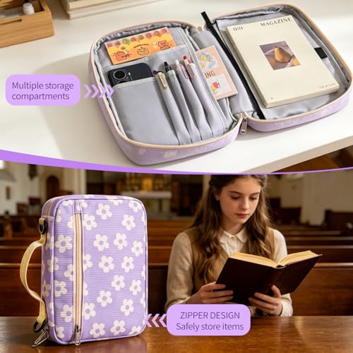 Bible Cover Case for Women Large Bible Cover for Girls Bible Study Supplies Accessories with Handle and Shoulder Strap | Durable - color: Flower-purple