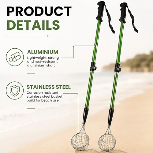 VOS Sand Sifter 2-Pack | Adjustable Handle 21"–33" | Stainless Steel Beach Scoop for Seashells, Shark Teeth & Sea Glass | Lightweight Aluminium, Rust-Resistant – Green - color: Green