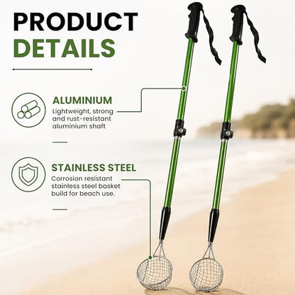 VOS Sand Sifter 2-Pack | Adjustable Handle 21"–33" | Stainless Steel Beach Scoop for Seashells, Shark Teeth & Sea Glass | Lightweight Aluminium, Rust-Resistant – Green - color: Green