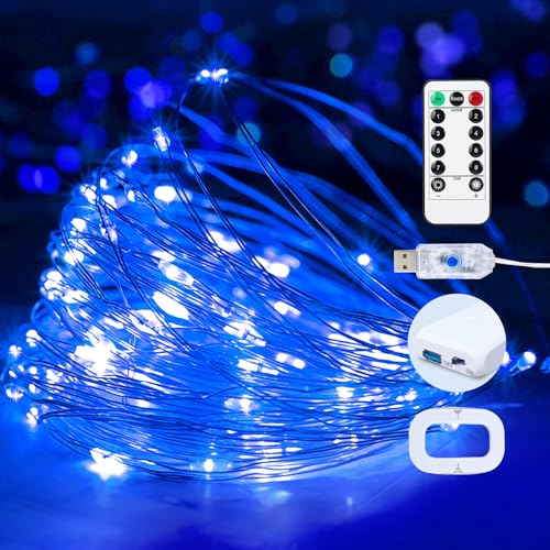 2Pack USB Plug in Fairy String Lights,16ft 50 LED Copper with Remote and Timer, 8 Modes Waterproof Twinkle String Lights Battery Powered for Bedroom Indoor Party Wedding Christmas Decoration - color: Blue, size: 2 Pack