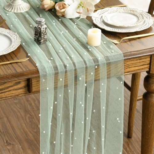 Artoid Mode Pearl Sage Green Gauze Table Runner 10FT Home Decor - color: Grass Green, size: 28" x 120"