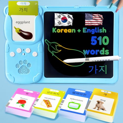 Writing Tablet with Bilingual Flash Cards for Kids, Korean, Blue - color: Korean, size: Blue