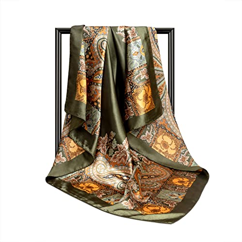 DRESHOW 35” Large Square Satin Head Scarf - 4Pcs Silk Accessories Classic Patterned Squares Beach Bandanas for Women - color: 4 Pcs: Black, Champagne, Green, White a
