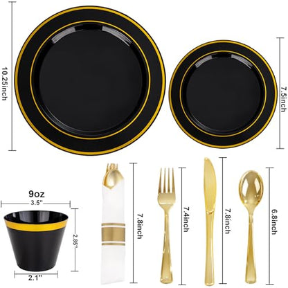 175PCS Black Gold Plastic Dinnerware Set for 25 Guests, Fancy Disposable Plates for Party, Include: 25 Dinner Plates, 25 Dessert Plates, 25 Pre Rolled Napkins with Gold Silverware, 25 Cups - color: Black and Gold