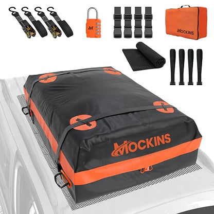 Mockins 20 Cu.Ft. Roof Cargo Bag for Top of Car | 53"x40"x17" All-Weather Rooftop Cargo Carrier Bag | Abrasion-Resistant Vinyl Car Top Carrier Without Roof Rack w/Mat, Straps, Hooks, Lock & Carry Bag - size: Bag: 53"x40"x17"