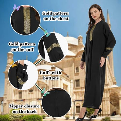 GYQMBT Womens Muslim Printed Abaya,Long Sleeve Zipper Islamic Robe Prayer Clothes with Hijabs - color: Black, size: Small