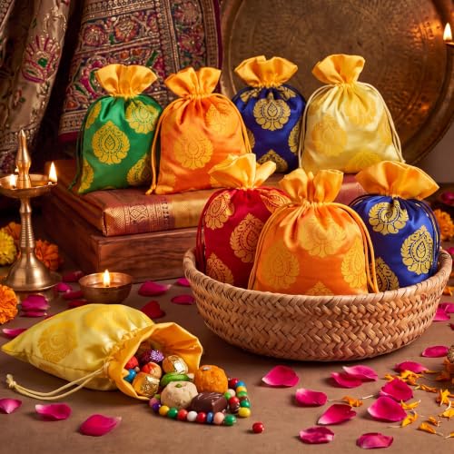 Kacctyen 24 Pcs Indian Return Gift Bags Bulk Traditional Potli Bags for Jewelry 6.7 x 9'' Banyan Leaf Print Fabric Return Gift Pouch with Drawstring for Pooja Diwali Housewarming Wedding Party Favor - color: Vintage, size: 1 Count (Pack of 24)