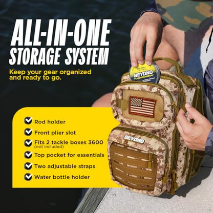 Beyond Fishing Tackle Backpack- The Voyager Tactical Fishing Storage Bag - Lightweight & Compact Bag For Fishing - color: Sand Storm