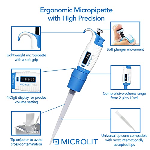 Microlit Micropipette - Single Channel Pipette Compatible with Microlit 10ml Pipette Tips, Adjustable Volume Lab Pipette, Accurate and Calibrated Pipette (1-10ml) - size: 1-10ml, style: Single-Channel