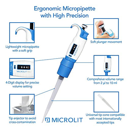 Microlit Micropipette - Single Channel Pipette Compatible with Microlit 10ml Pipette Tips, Adjustable Volume Lab Pipette, Accurate and Calibrated Pipette (1-10ml) - size: 1-10ml, style: Single-Channel