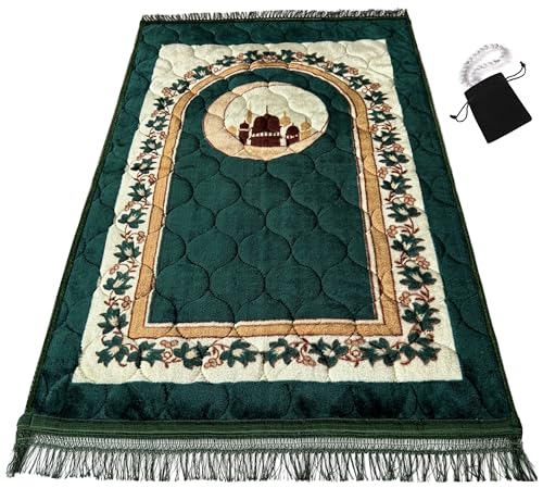 Prayer Rug Muslim Prayer Mat Islamic - Very Thick Prayer Rug Sajadah for Men Women with Islam Prayer Beads for Eid Travel Ramadan, Soft and Luxury (Green) - color: Green
