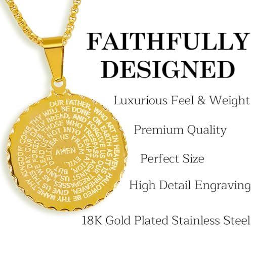 Steeltime Stainless Steel Lords Prayer Necklace with Simulated Diamonds - color: Gold, style: Round Pendant