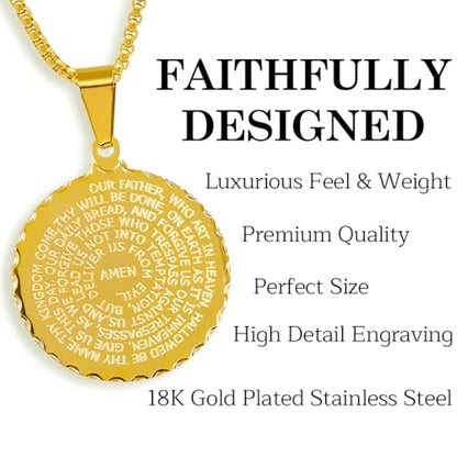 Steeltime Stainless Steel Lords Prayer Necklace with Simulated Diamonds - color: Gold, style: Round Pendant