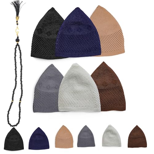 Muslim Kufi Hats for Men, Velvet Crochet Islamic Prayer Cap, Stretchable, Breathable Knit Skull Beanie,Standard Size - color: Zumrut - Mix 1