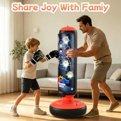 Electronic Boxing Bag Set, Interactive Punching Toy with Gloves, LED Lights, Music & 4 Game Modes, Auto Scoring Boxing Kit for Boys Girls Ages 3-12, Thick PVC Freestanding Punching Bag