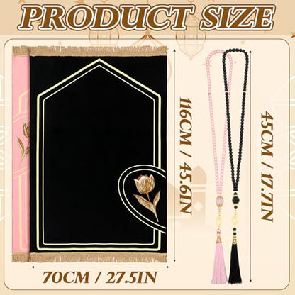 Drydiet 2 Pcs Muslim Couple Prayer Rug Set Heart Design with 2 Pcs Prayer Beads Islamic Muslim Gift Black and Pink Travel Mat Soft Velvet Mat for Couple Women Men Ramadan Eid Wedding Birthday - color: Black and Pink