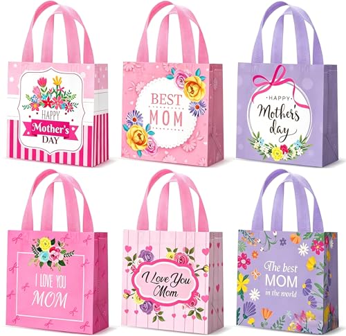 Mother's Day Tote Gift Bags, 6Pcs Floral Tote Bags for Gifts, Reusable Non-Woven Love Mom Treat Bag with Handles Candy Bag for Mother's Day Shopping Holiday Gift Wrap Goody Party Favor Supplies - color: Mother's Day, size: 6 PCS