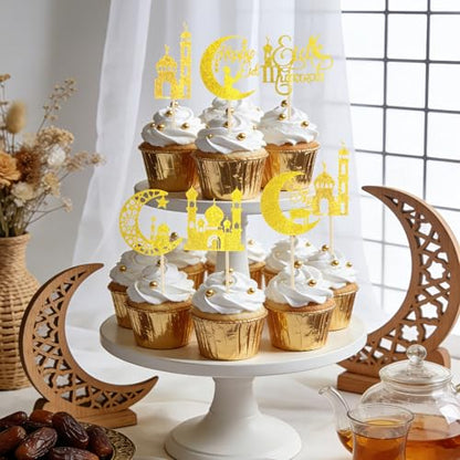 Eid Mubarak Cupcake Toppers, 24 PCS Gold Glitter Moon Star Happy Eid Cupcake Picks, Muslim Islamic Themed Food Toppers Cake Decorations for Eid Mubarak Ramadan Party Supplies
