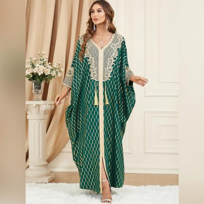 Embroidered Abaya Kaftans for Women Modern Elegant Dubai Moroccan Dubai Kaftan Dresses Abaya for Women Muslim Dress - color: Dark Green
