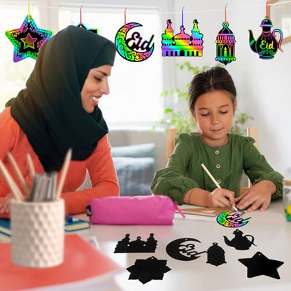 FEBSNOW 48Pcs Ramadan Crafts for Kids Magic Rainbow Scratch Paper Art Set | School Classroom Ramadan Activities, Kids DIY Eid Craft Projects, Magic Hanging Scratch Ornaments, Holiday Party Favors - style: Ramadan