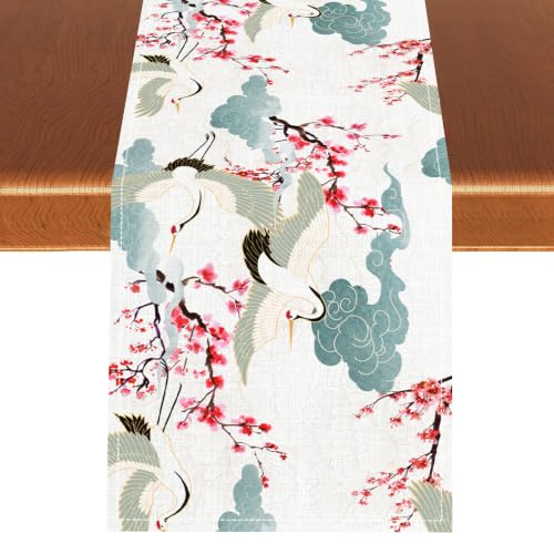 Japanese Table Runner, Traditional Crane Cherry Blossom Vintage Clouds Asian Oriental Table Runner for Coffee Table Home Party Kitchen Dining Table Wedding Party Decor 13x36 inches - color: Tr-bird06, size: 13x36" Table Runner