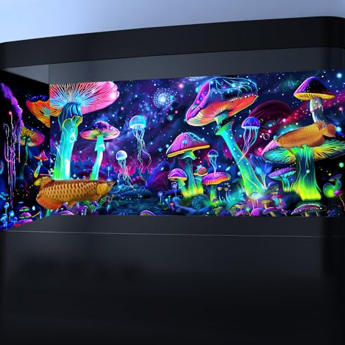 30X18IN Blacklight Aquarium Background UV Reactive Mushroom Background Starry Sky Terrarium Background with 10 EVA Double-Sided Tape - size: 30X18in/75X45cm