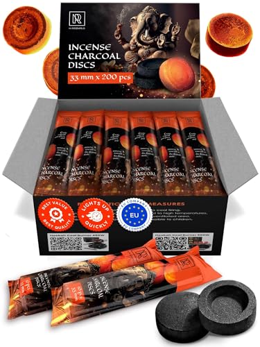 Charcoal Discs to Burn Incense - 200 pcs Charcoal for Incense Burning - 33 mm Most Quick Light Coals Tablets by M. ROSENFELD - 33 mm Resin Burner Rolls – Pack of 200 Instant Fire Coal Tablets - color: 200 Charcoal Discs