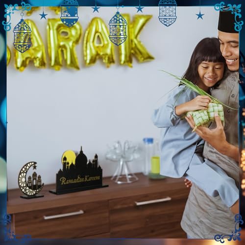 GlikCeil 4 Pcs Eid Al Adha Wooden Table Centerpieces Moon and Star Ramadan Wood Sign Eid Mubarak Tabletop Decor Islamic Mosque Muslim Al Fitr Black Gold Detachable Tiered Tray Decor for Home