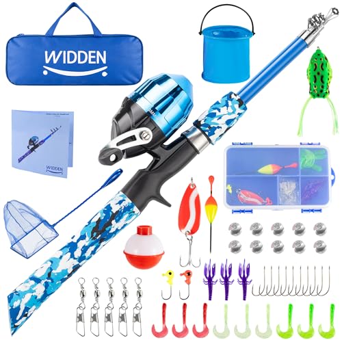 WIDDEN Kids Fishing Pole, Portable Telescopic Kids Fishing Poles for Boys and Girls, Fishing Rod and Reel Combo Kit with Tackle Box, and Fishing Net, Best Fishing Pole for Toddler Youth - color: BLUE
