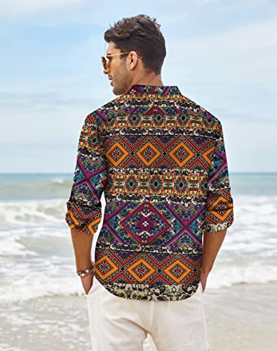 COOFANDY Men's Cotton Linen Henley T-Shirt Long Sleeve Hippie Casual Beach T-Shirts - color: Geometric, size: 4X-Large