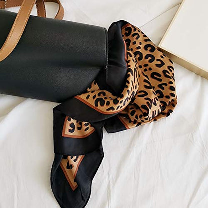 FONYVE Silk Feeling Scarf Medium Square Satin Head Scarf for Women 27.5 × 27.5 inches - color: 02 Leopard Black Brown