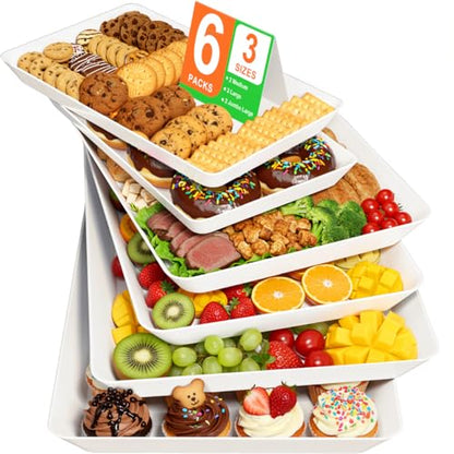 6-Pack Serving Tray for Parties, Serving Platter in 3 Sizes for Entertaining, Food Display, Plastic Trays for Cookies, Stackable Rectangular Platters for Family(White)