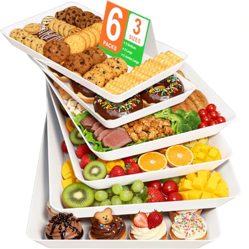 6-Pack Serving Tray for Parties, Serving Platter in 3 Sizes for Entertaining, Food Display, Plastic Trays for Cookies, Stackable Rectangular Platters for Family(White)