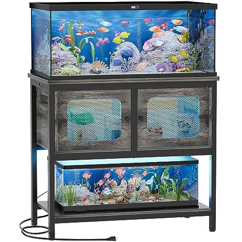 40-50 Gallon Fish Tank Stand with LED Light and Outlet, Heavy Duty Metal Aquarium Stand with Cabinet and Accessories Storage, Reptile Tank Turtle Terrariums Table Stand Hold 880LBS, Grey Oak