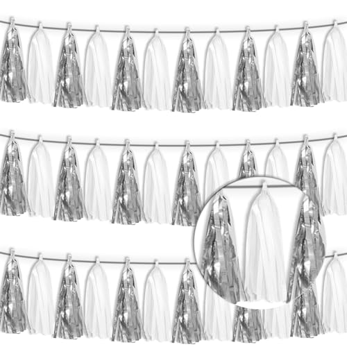 3P White Silver Tassel Banner Garland Metallic Foil Fringe Banner Tinsel Tassels Streamer Banner Backdrop for Parade Floats, Graduation Bridal/Baby Shower Retirement Party Decorations - color: White Silver