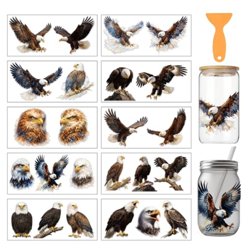 arricraft 10 Sheets Animal Theme UV DTF Cup Wrap for 16OZ Glass, Single Eagle Rub on Decals PVC Transfer Stickers for DIY Cups Window Home Printing Decoration 24x11cm/9.4x4.3inch - style: Single Eagle Theme