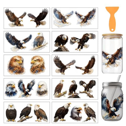 arricraft 10 Sheets Animal Theme UV DTF Cup Wrap for 16OZ Glass, Single Eagle Rub on Decals PVC Transfer Stickers for DIY Cups Window Home Printing Decoration 24x11cm/9.4x4.3inch - style: Single Eagle Theme