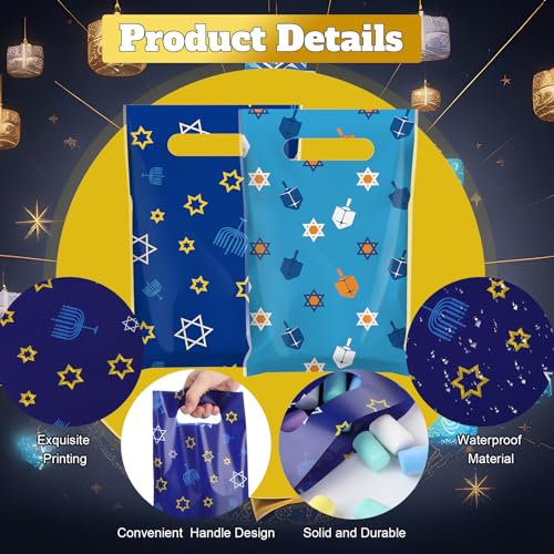 Geyoga 100 Pcs Eid Ul Fitr Gift Bags Ramadan Party Favor Bags Plastic Ramadan Blue Star of David Dreidel Treat Candy Bag with Handles for Eid Ul Fitr Party Supplies - style: Hanukkah