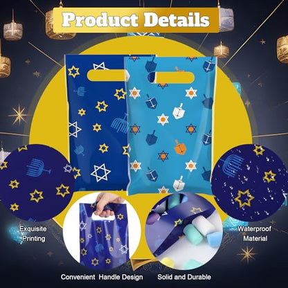 Geyoga 100 Pcs Eid Ul Fitr Gift Bags Ramadan Party Favor Bags Plastic Ramadan Blue Star of David Dreidel Treat Candy Bag with Handles for Eid Ul Fitr Party Supplies - style: Hanukkah