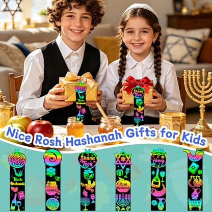 JUNEBRUSHS Rosh Hashanah Scratch Art Bookmarks 30 Pack Jewish New Year Scratch Cards Rosh Hashanah Crafts for Jewish Activities Rainbow DIY Gifts Party Supplies - style: Rosh Hashanah Style